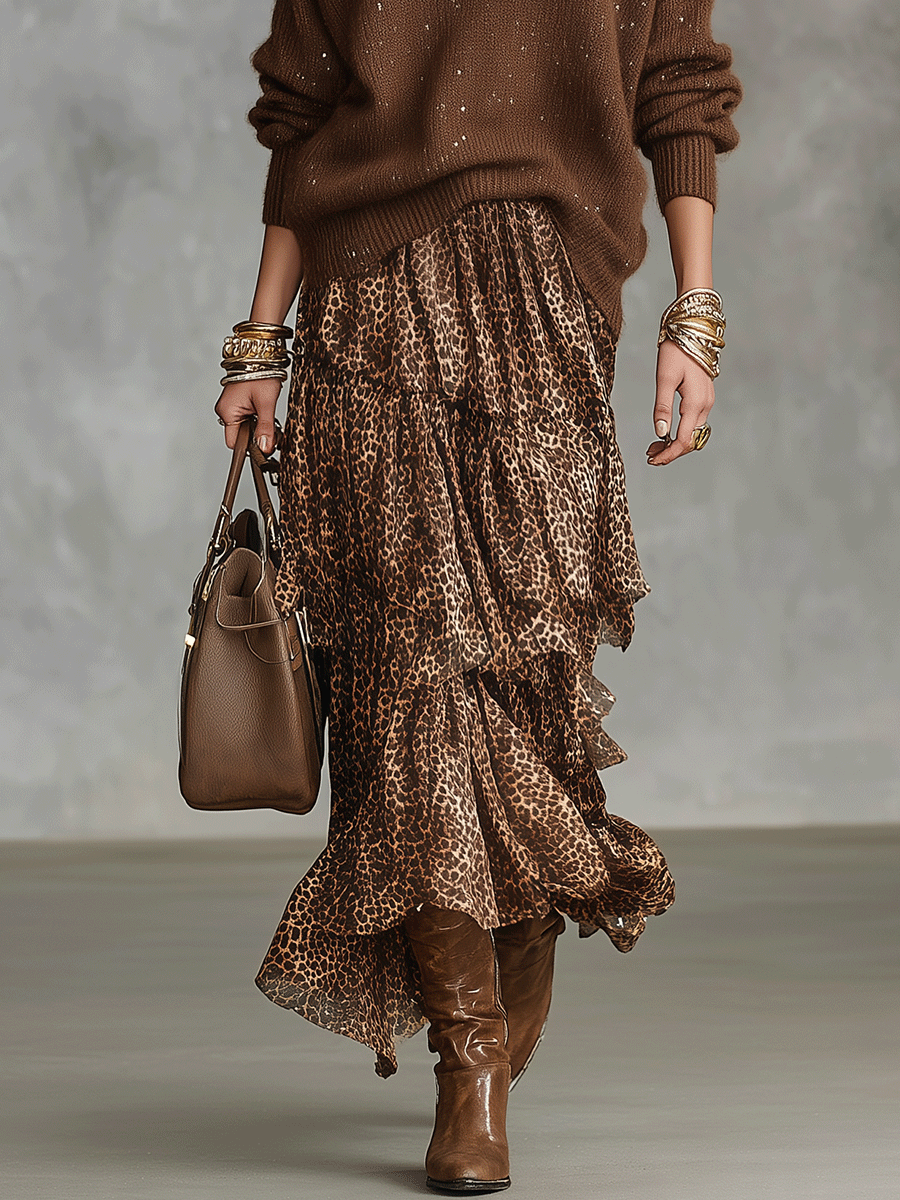 Oversized V-Neck Sweater & Leopard Print Tiered Ruffle Maxi Skirt Set