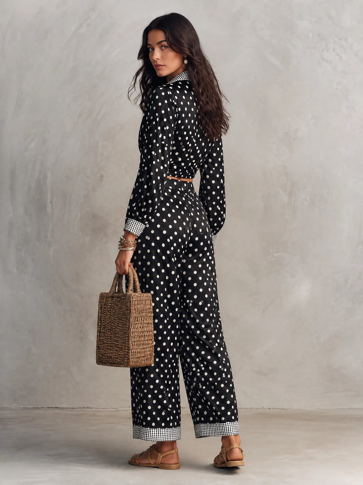 Polka Dot Print Long Sleeve Wrap Crop Top & Wide Leg Pants Two Piece Set