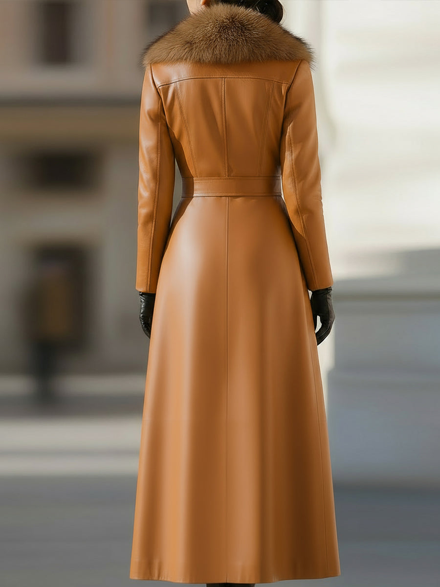 Caramel Leather Double-Breasted Coat With Fur Collar
