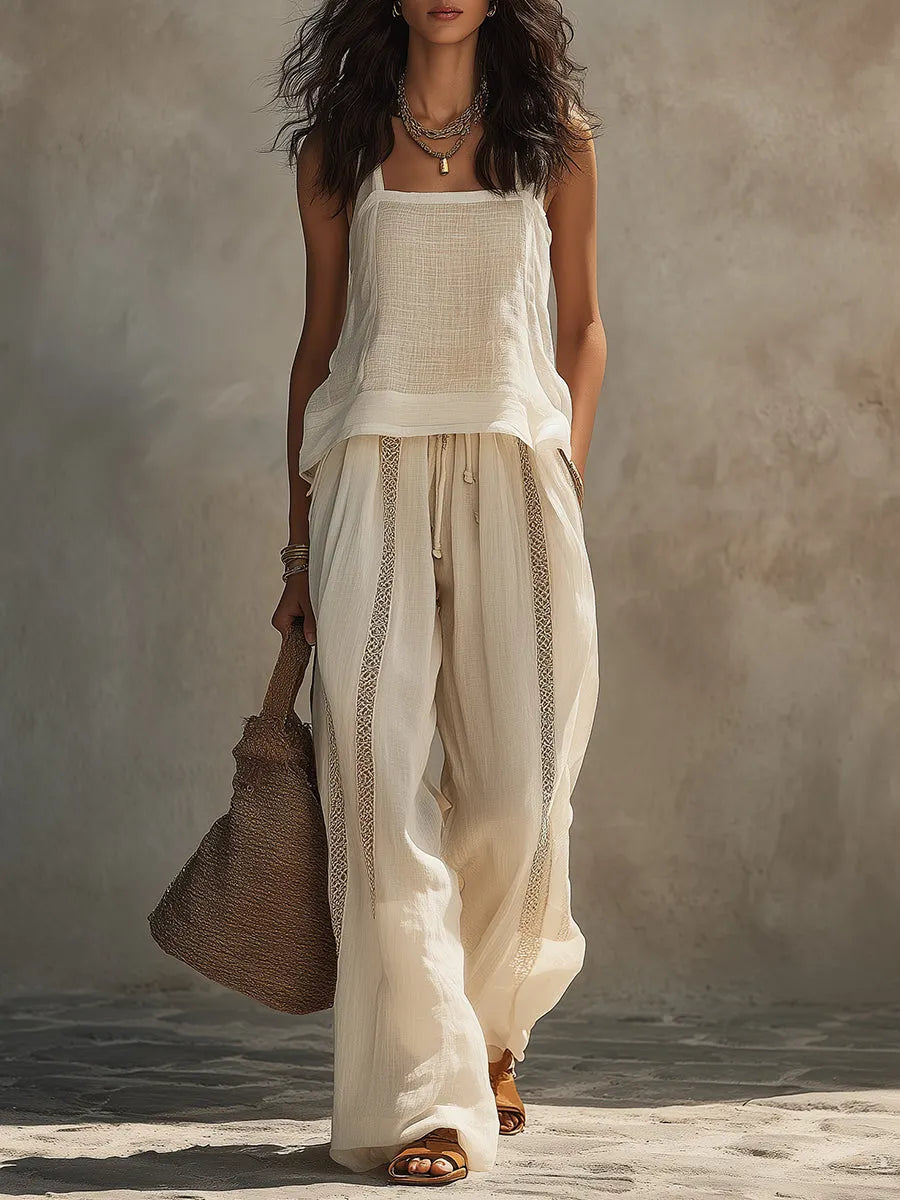 Boho Slub Linen Sleeveless Blouse & Lace-Trimmed Wide-Leg Pants Set