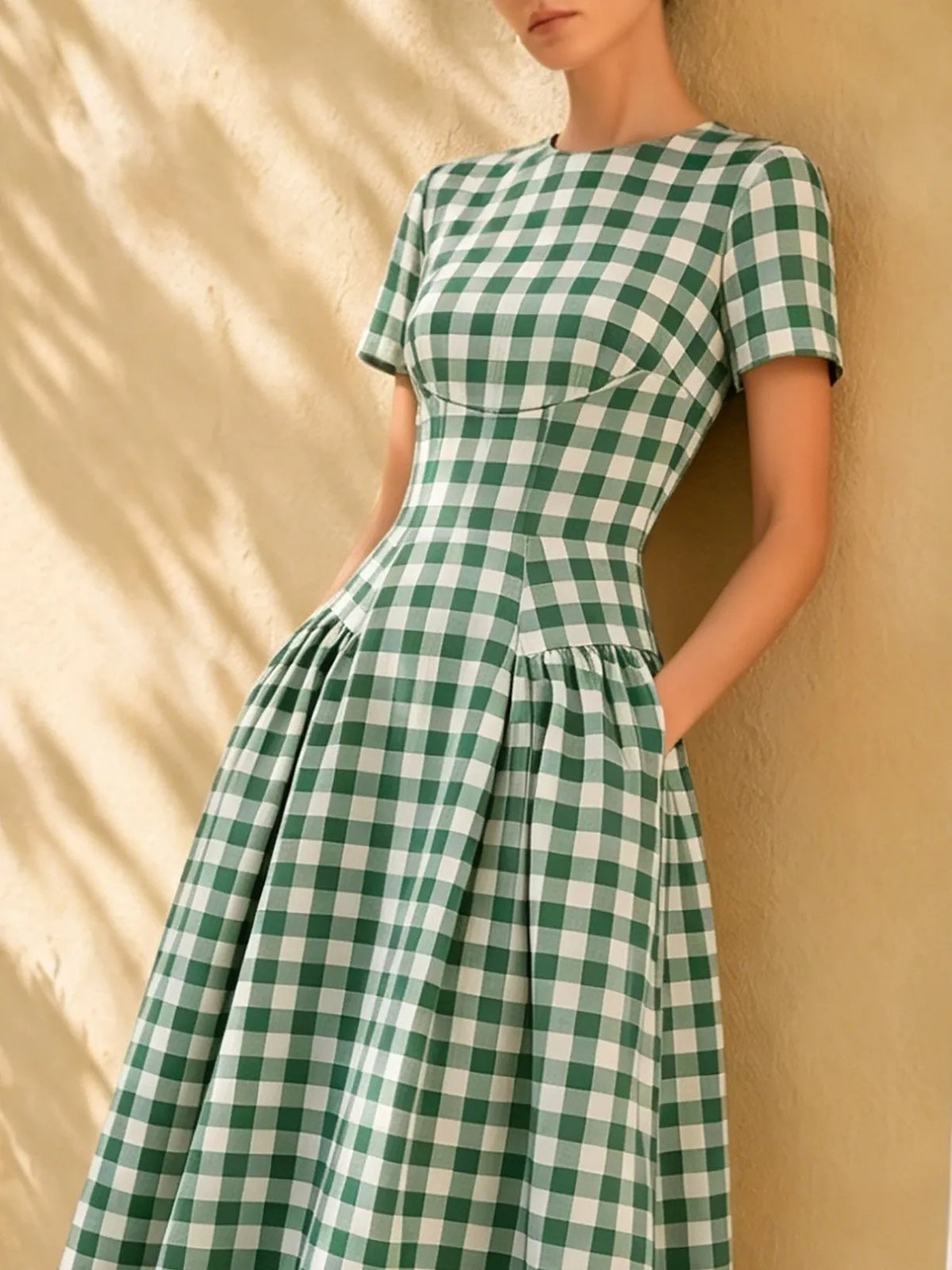 Midi Linen Dress, Short Sleeves, Round Neck, Plaid, Pocket Design, Vintage, Green