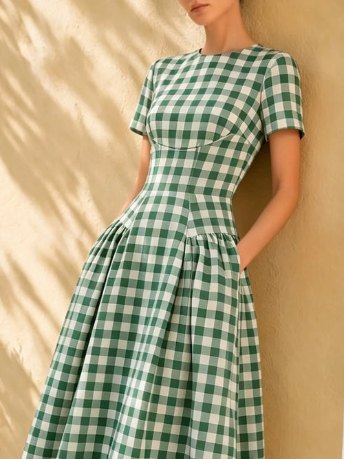 Midi Linen Dress, Short Sleeves, Round Neck, Plaid, Pocket Design, Vintage, Green