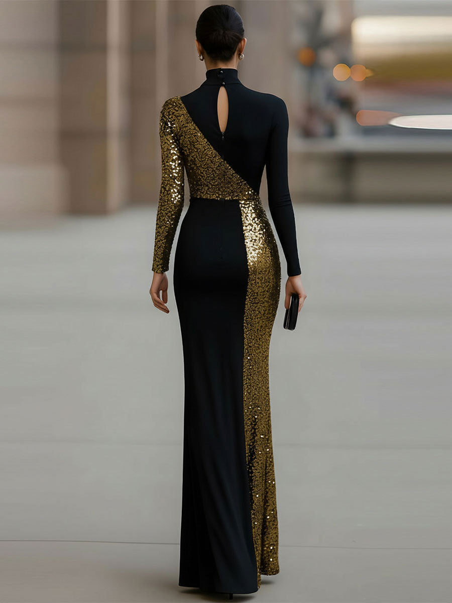 Elegant Black And Gold Sequin High-Neck Slit Maxi Dress