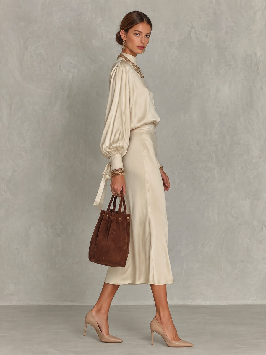 Satin Two-Piece Set Mock Neck Lantern Sleeve Blouse & High Waist Midi Skirt