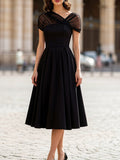 Black Sheer Tulle Cap Sleeve Pleated Fit-and-Flare Midi Dress