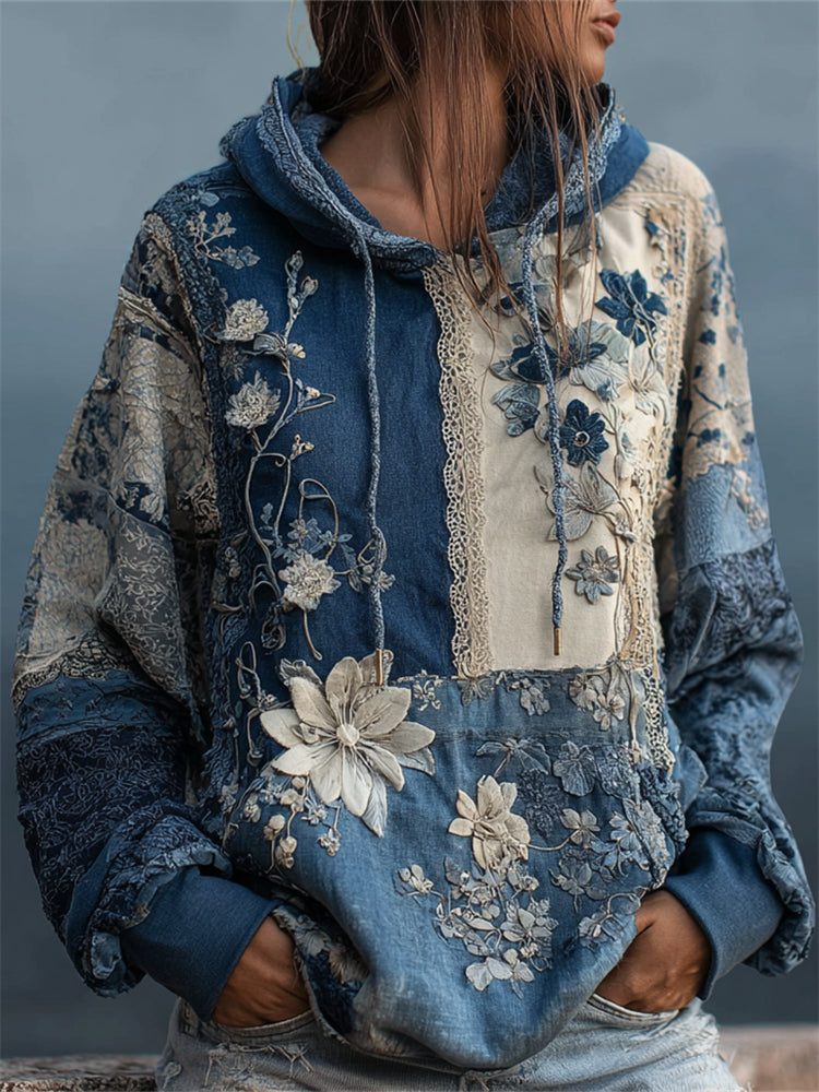 Vintage Flowers Lace Fiber Art Patchwork Hoodie
