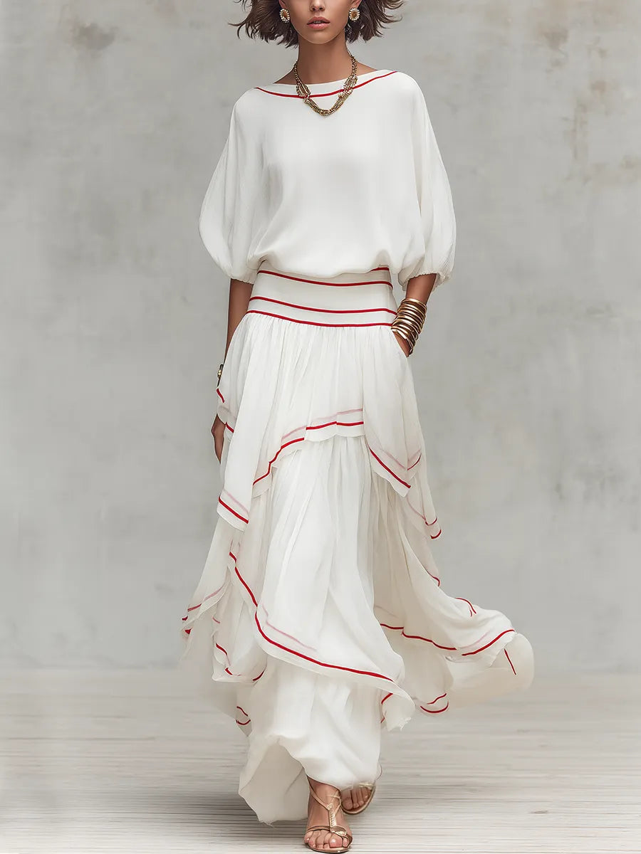 Bohemian Red Trimmed Ruffled Skirt Suit