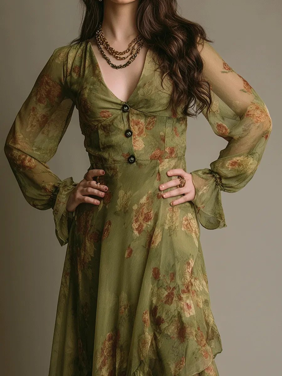 Vintage Romantic Boho Green Ruffle Hem  Maxi Dress
