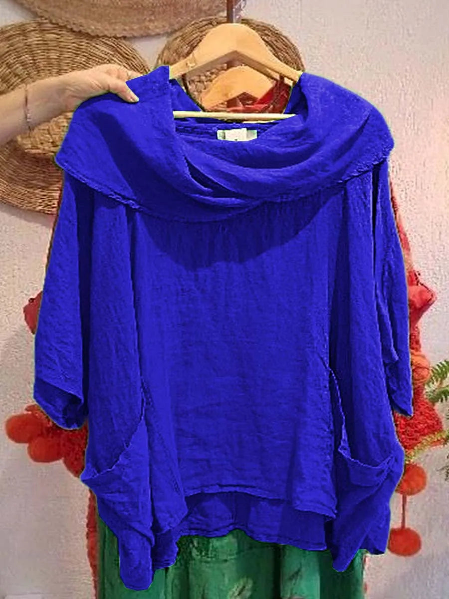Women's Solid Color Draped Neck 3/4 Sleeve Comfortable Casual Linen Pocket Top
