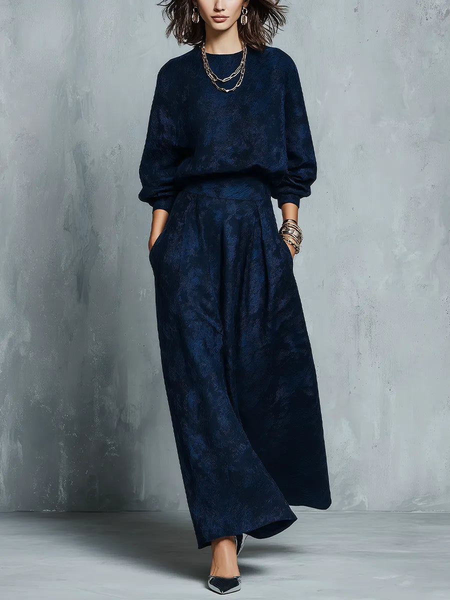 Navy Blue Textured Lantern Sleeve Top And Skirt Set