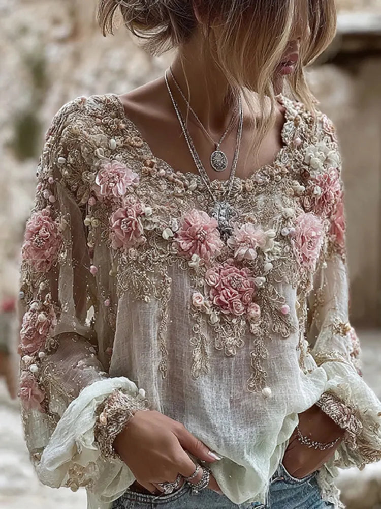 Women's Pink Rose Embroidery Art Round Neck Long Sleeve Linen Blend T-shirt