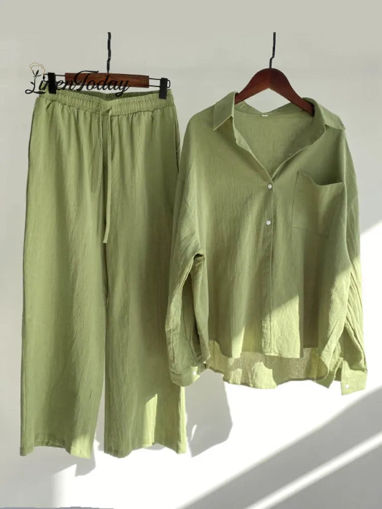 Women's Solid Color Loose Elegant High Waist Casual Cotton And Linen Suit