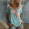 Women's Vintage Rose Floral Art Flowy Linen Blend Casual Tops