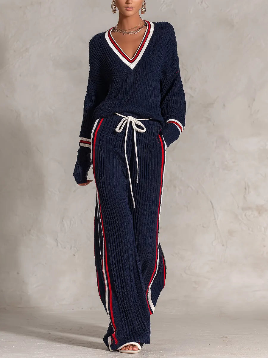 Relaxed Navy Varsity-Stripe Ribbed Knit Set