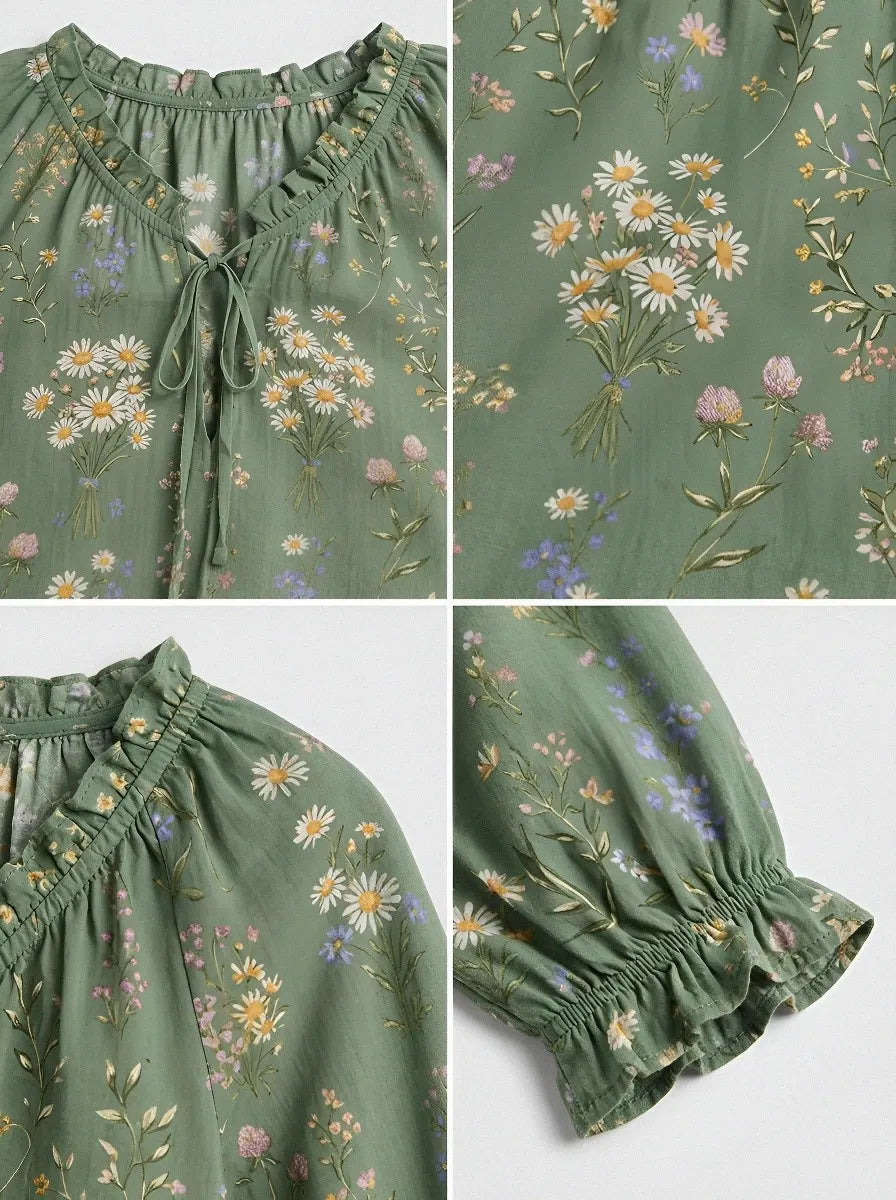 Women's Boho Floral Daisy Meadow Printed Cotton Short Sleeve Top