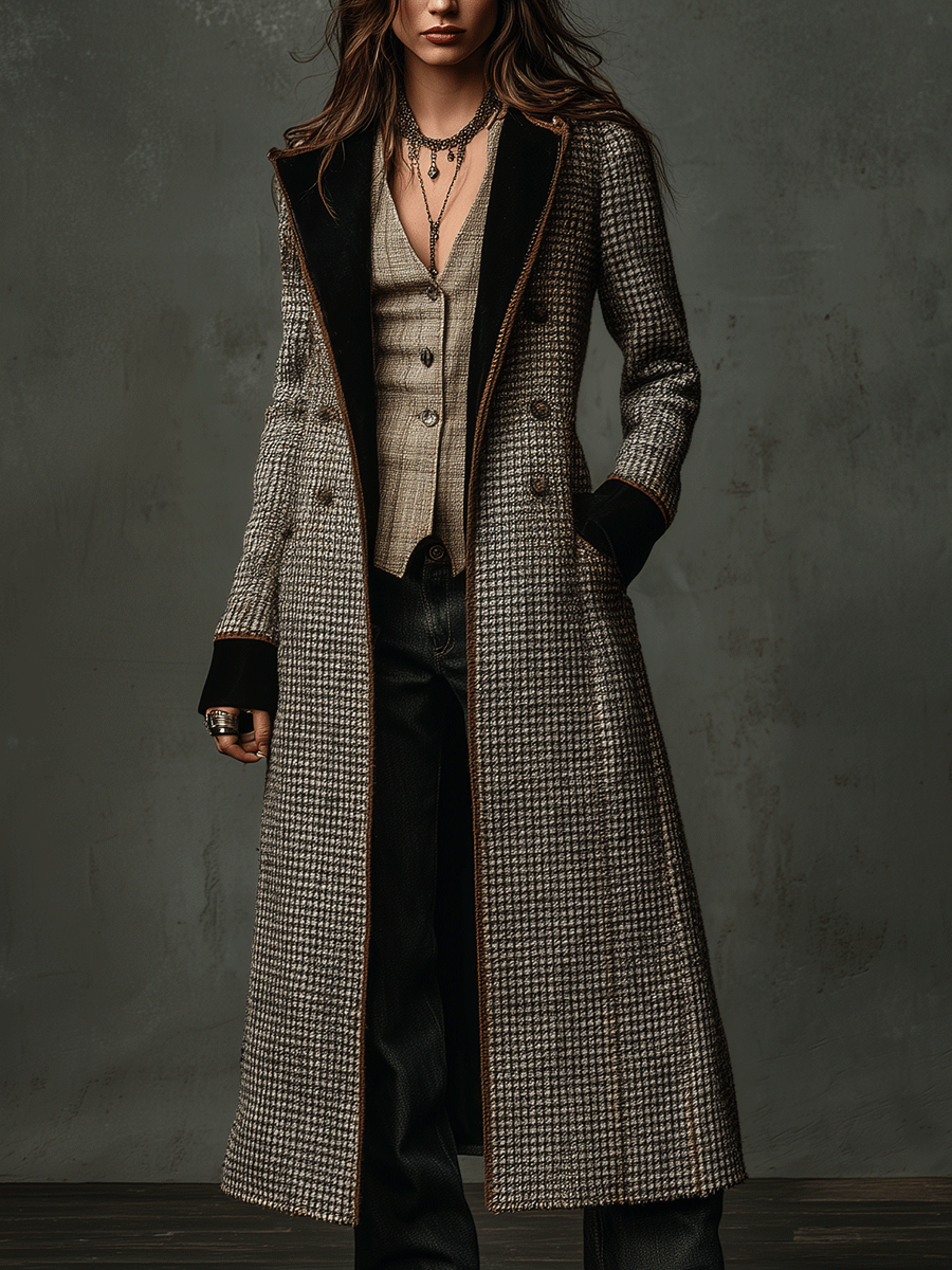 Vintage Plaid Wool-Blend Velvet Lapel Long Coat