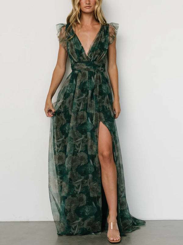 V-neck Sleeveless Print Maxi Dress