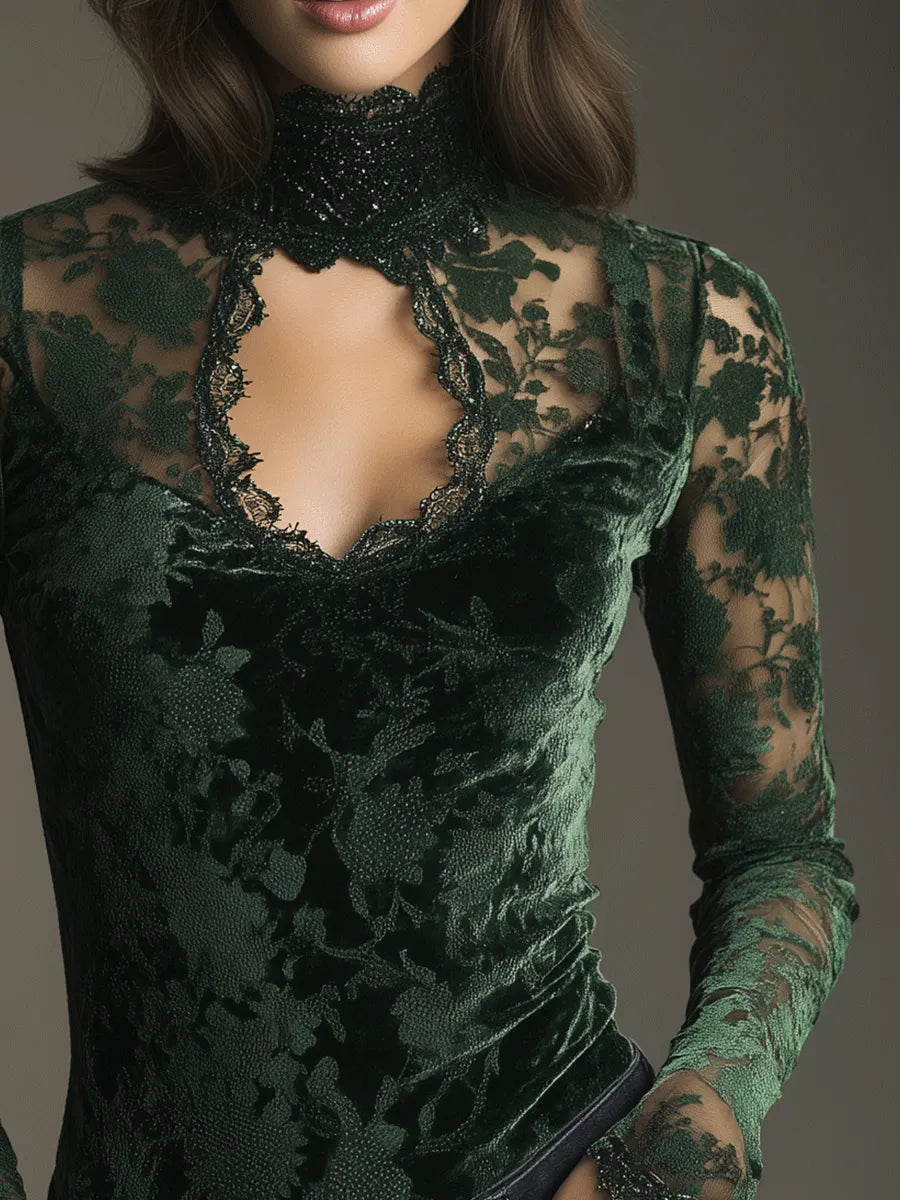 Bohemian Luxury Emerald Green Velvet Lace Tulle Shirt
