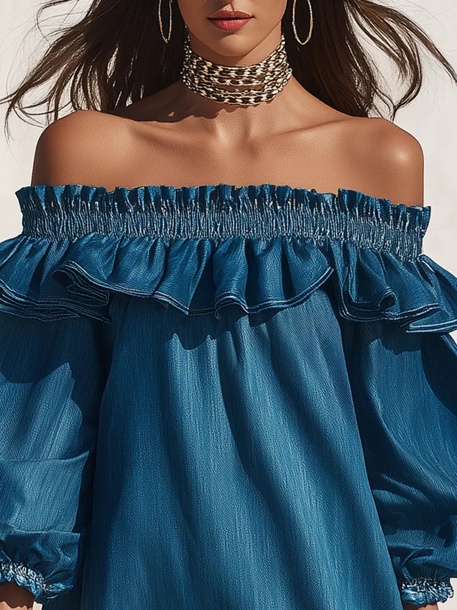 Resort-style off-the-shoulder ruffled three-quarter sleeve denim mini dress