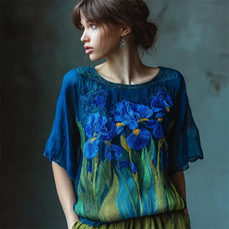 Oil Painting Irises Embroidered Flowy Linen Tunic