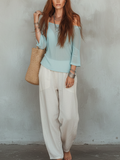 Comfortable Light Blue Knitted Sweater And Wide Leg Pants Set