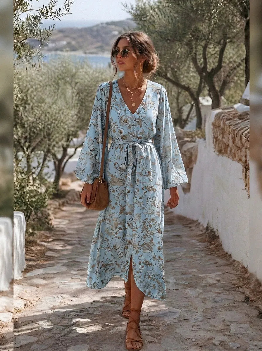 Women's Bohemian Floral V-Neck Long Sleeve Printed Dress
