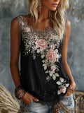 Women's Vintage Rose Floral Art V-neck Linen Vest