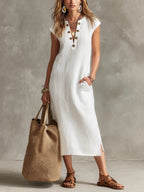 Minimalist White Linen Midi Dress