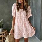 Women's White Rose Art Embroidered Linen Blend Round Neck Maxi Dress