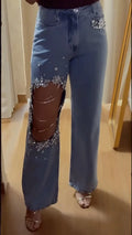 Rhinestone Floral Cut‐Out Chain Wide‐Leg Jeans