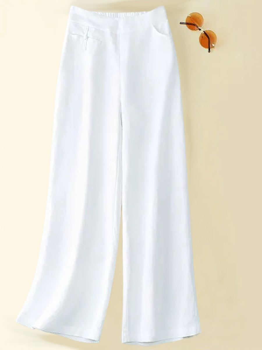 Women's Solid Color Button Half Elastic High Waist Casual Cotton and Linen Wide Leg Pants