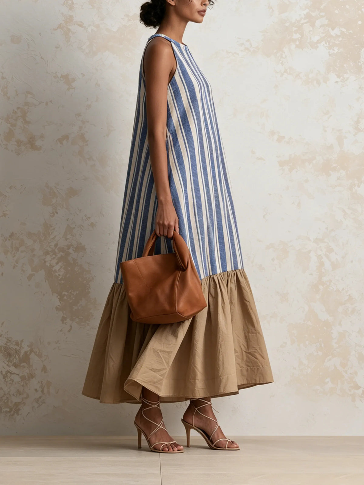 Halter Neck Vertical Stripe Midi Dress