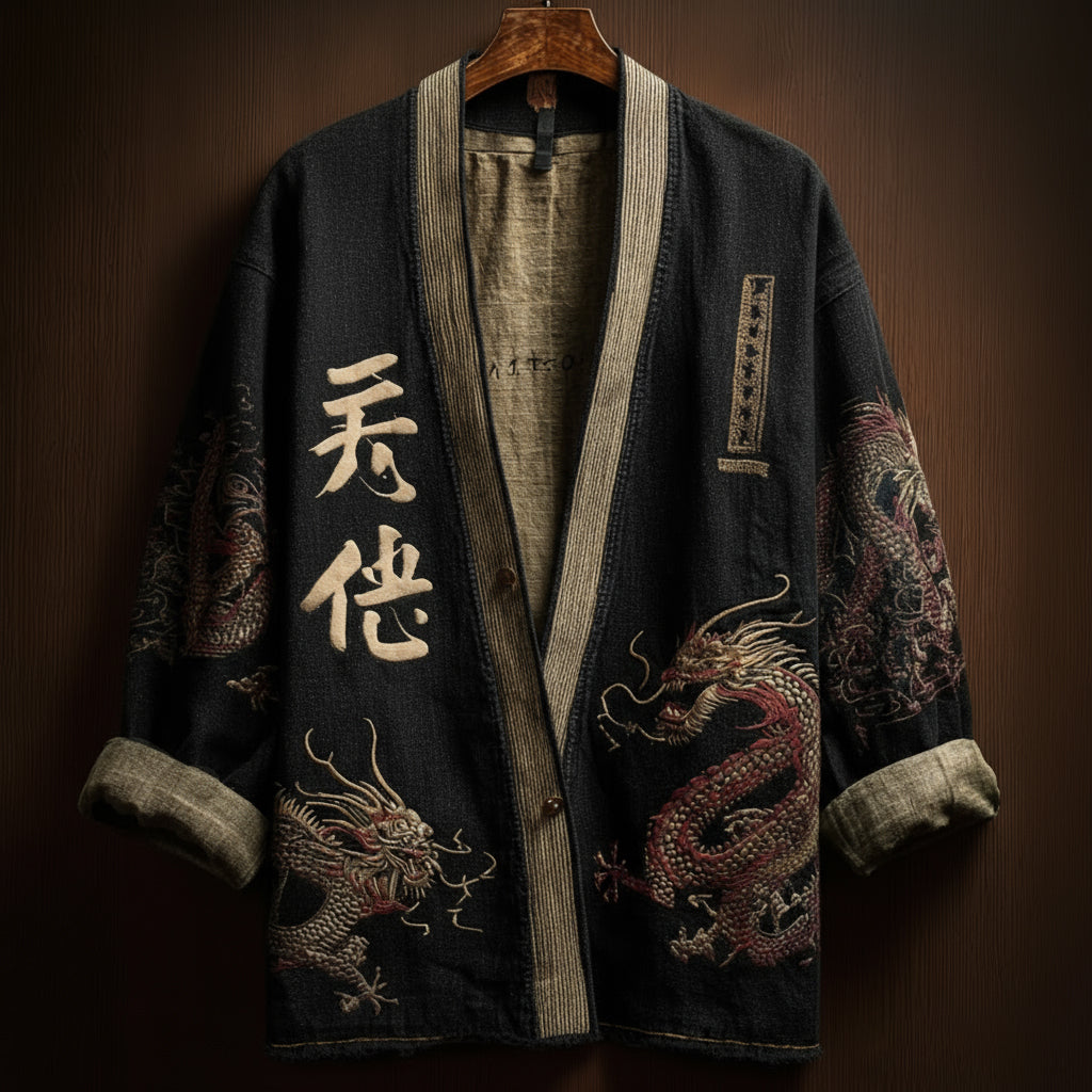 Japanese Art Style Men's Casual Cotton And Linen Cardigan