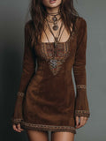 Vintage Brown Suede Mini Dress With Embroidered Detailing