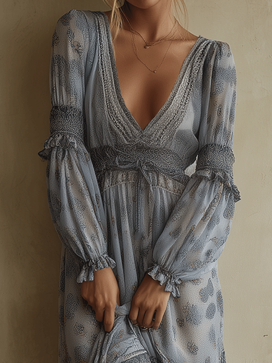 Vintage Boho Ruffled Maxi Dress