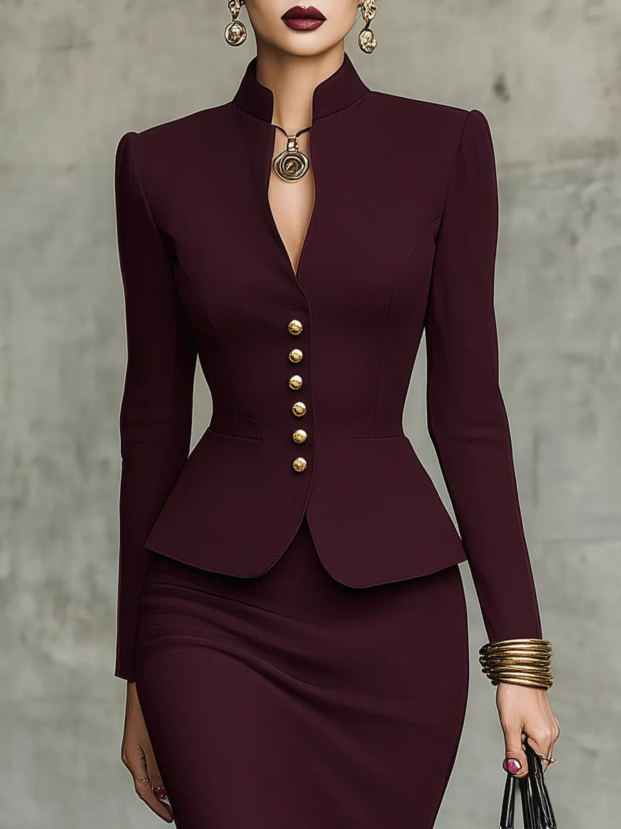 Burgundy Stand-Collar Gold-Button Peplum Maxi Skirt Set