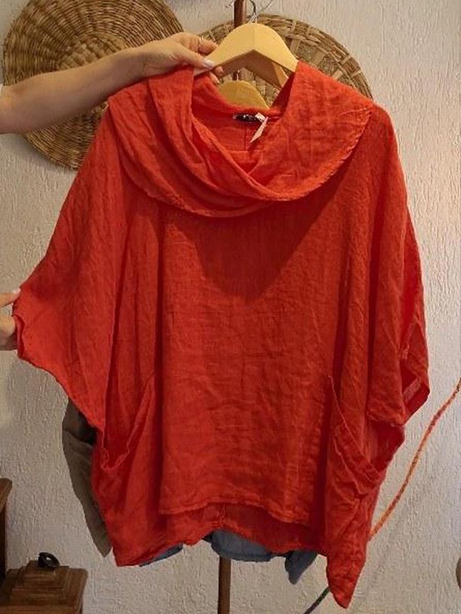 Women's Solid Color Draped Neck 3/4 Sleeve Comfortable Casual Linen Pocket Top