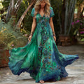 Women's Retro Rose Floral Gradient Pattern V-neck Short Sleeve Dress
