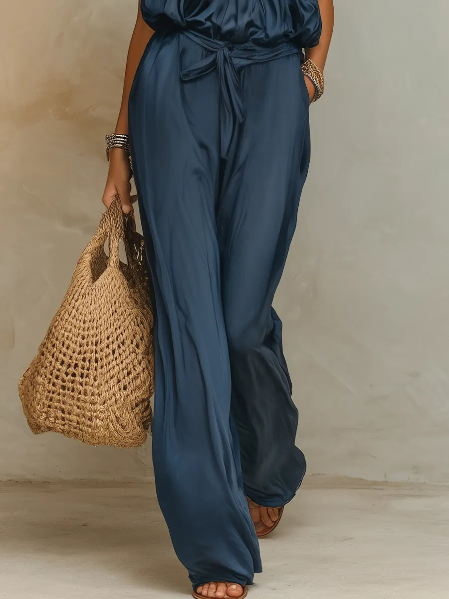 Refined Deep Blue Halter Wide-Leg Pant Suit