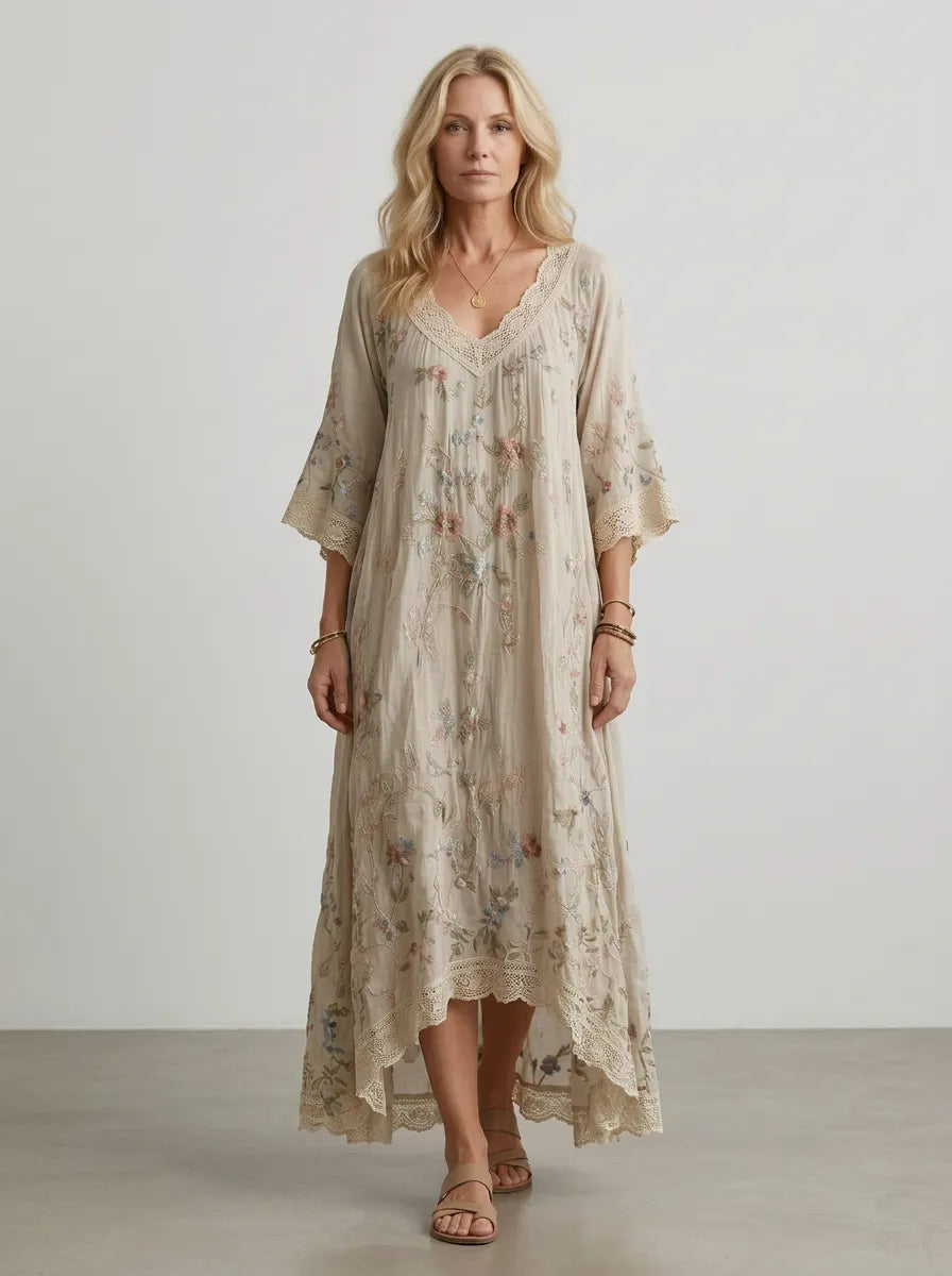 Women's Bohemian Floral Embroidered Printed Maxi Dress