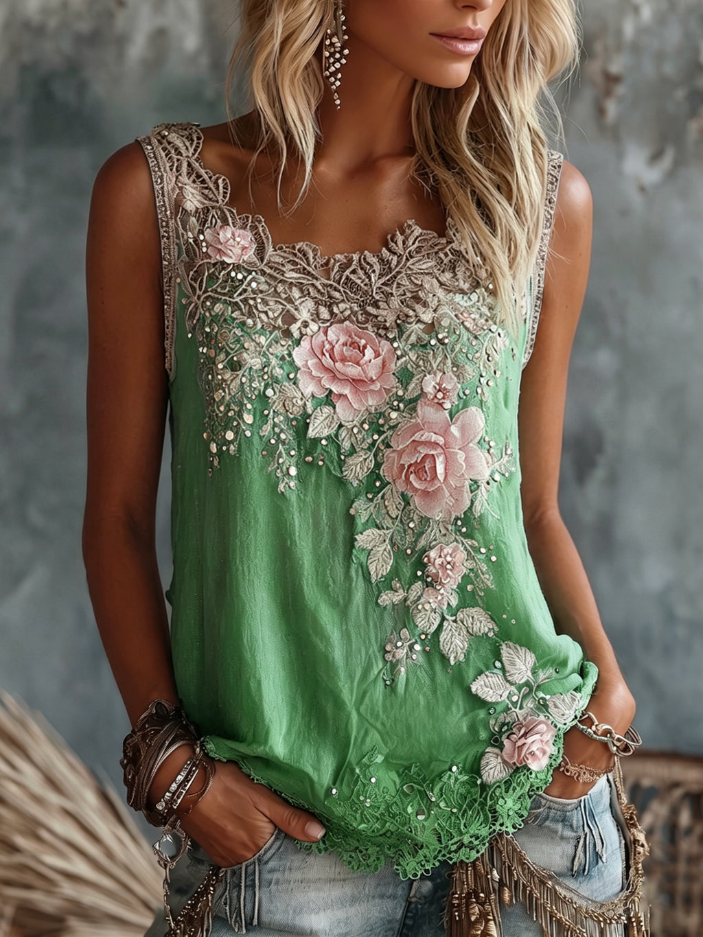 Women's Vintage Rose Floral Art V-neck Linen Vest