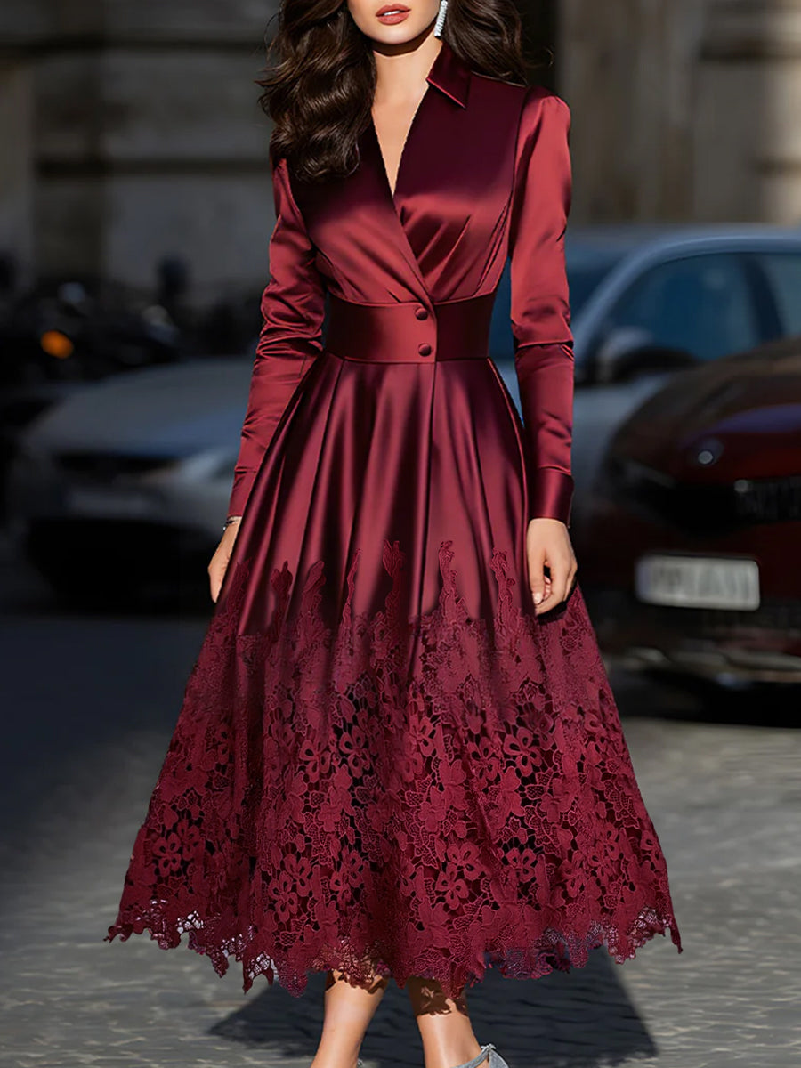 Burgundy Satin Belted Midi Dress With Lace Hem