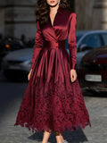 Burgundy Satin Belted Midi Dress With Lace Hem