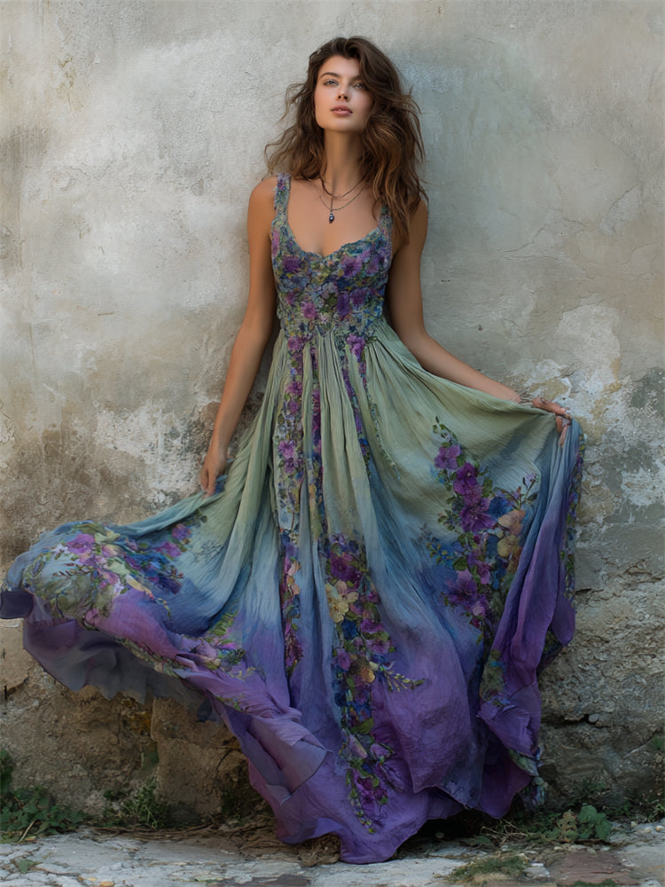 Vintage Floral Embroidered Purple Gradient Flowy Linen Maxi Dress