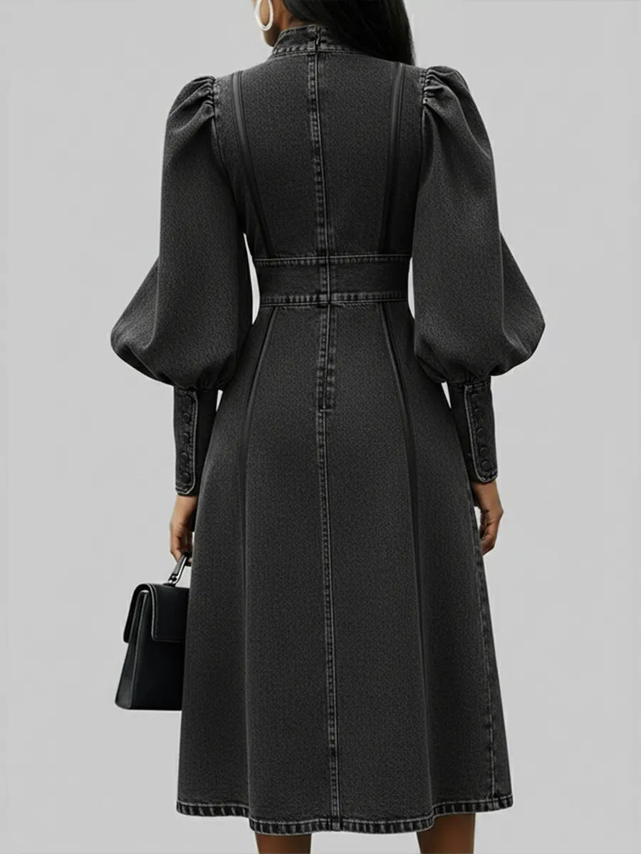 Fashionable Patchwork Leather Lantern Sleeve Denim Dress