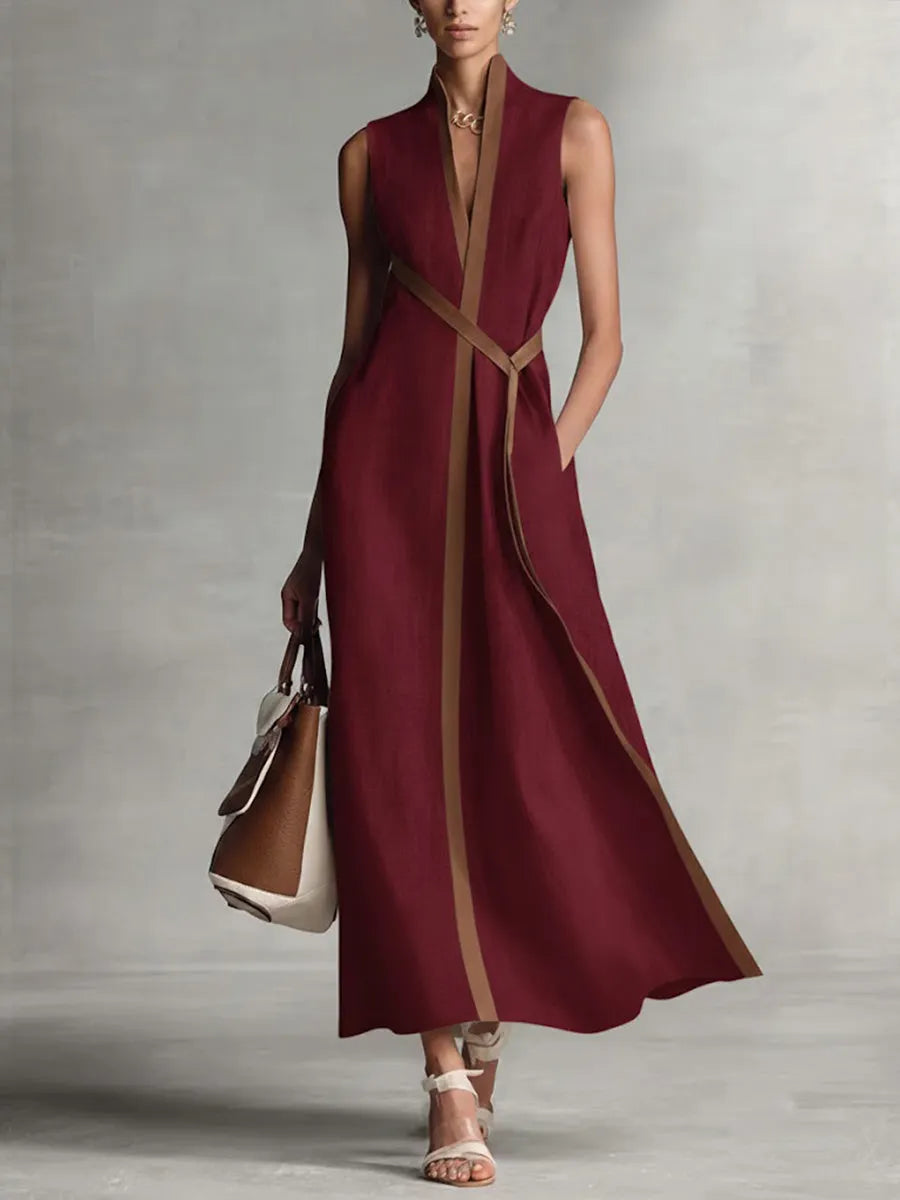 Women’s Stand-Up Collar Sleeveless Casual Loose Cotton and Linen Dress