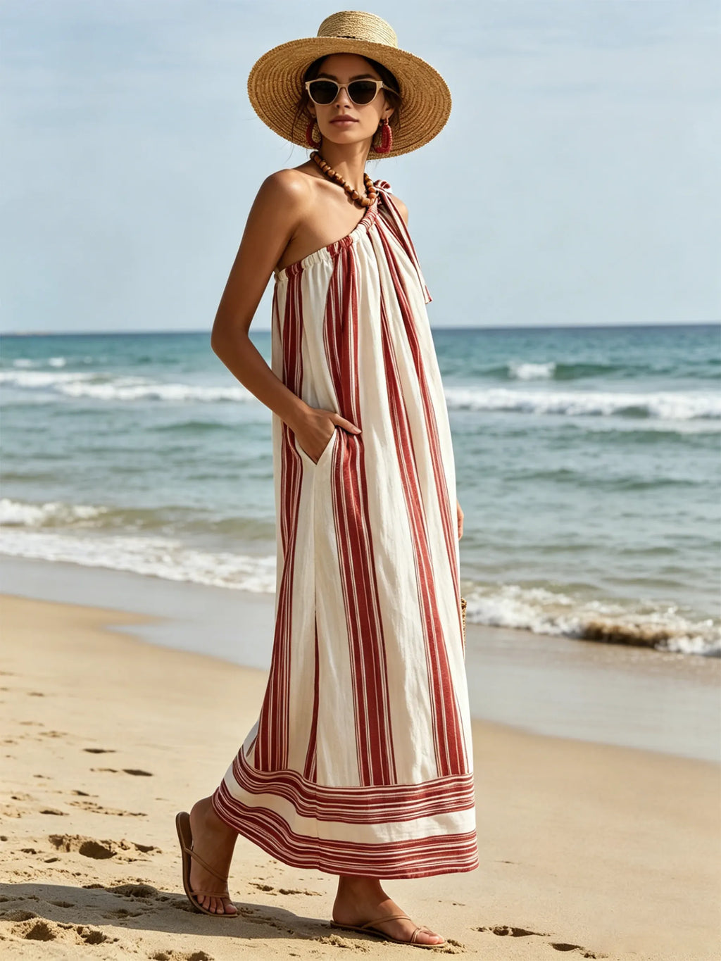 Rust Vertical Stripe Tie One Shoulder Linen Maxi Dress