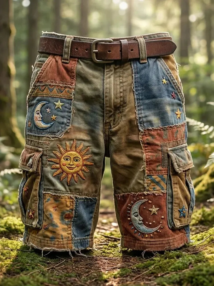Men's Patchwork Sun Moon Star Boho Art Print Denim-like Cargo Shorts(no Belt)