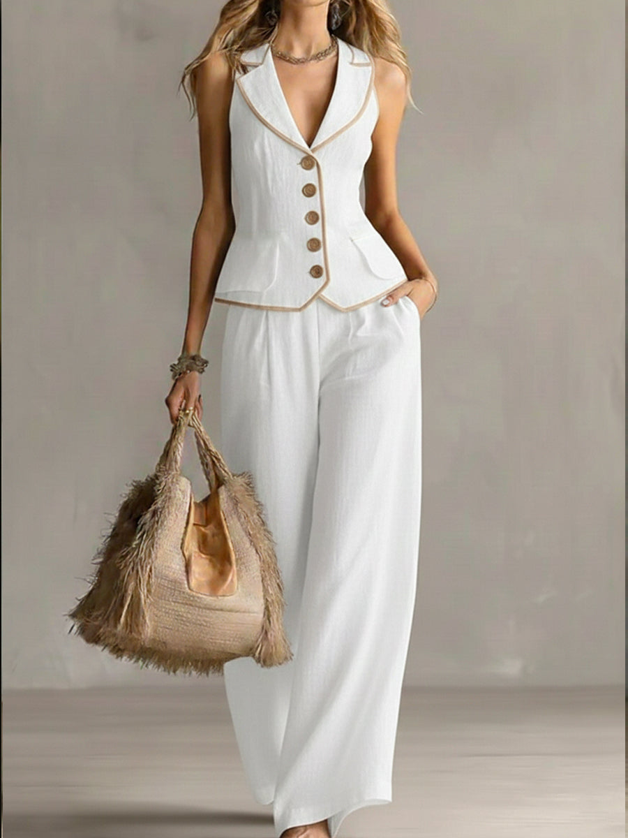 Women's Slim-fit Linen And Cotton Vest And Trousers Two-piece Set