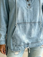 Women's Solid Washed Denim Hooded Henley Top